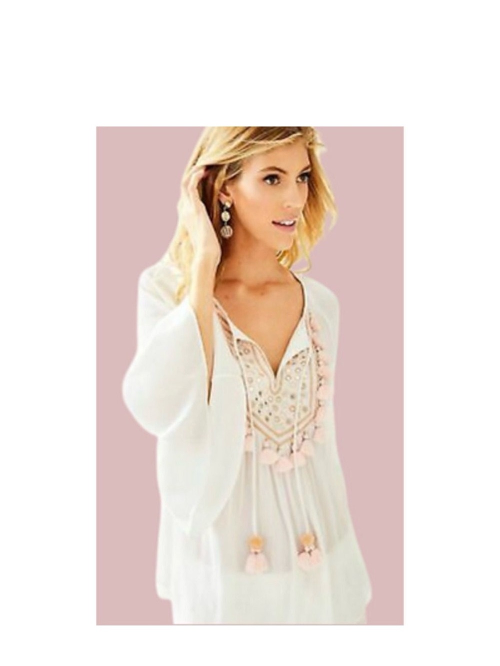 Lilly‎ Pulitzer Shandy Tunic Blouse White Pink Tassel Mirror Embroidered Boho M